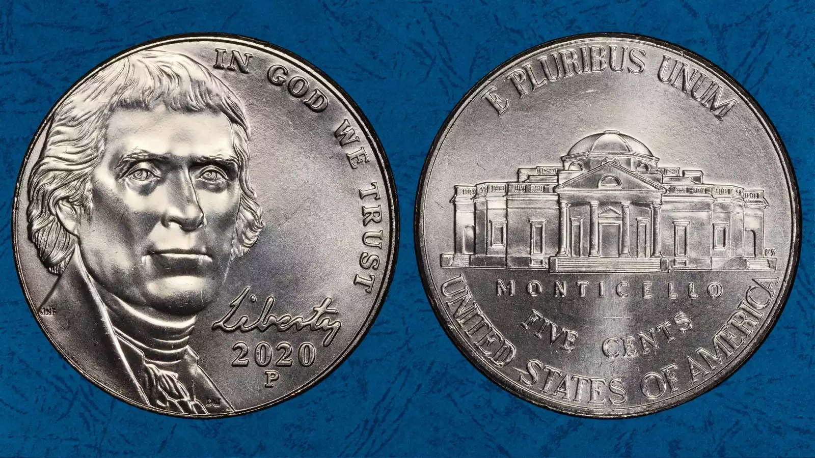 2020-P Jefferson nickel obverse and reverse showing Jefferson's portrait and Monticello