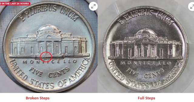 Side-by-side comparison of 2020 nickel without Full Steps vs with Full Steps designation at Monticello base