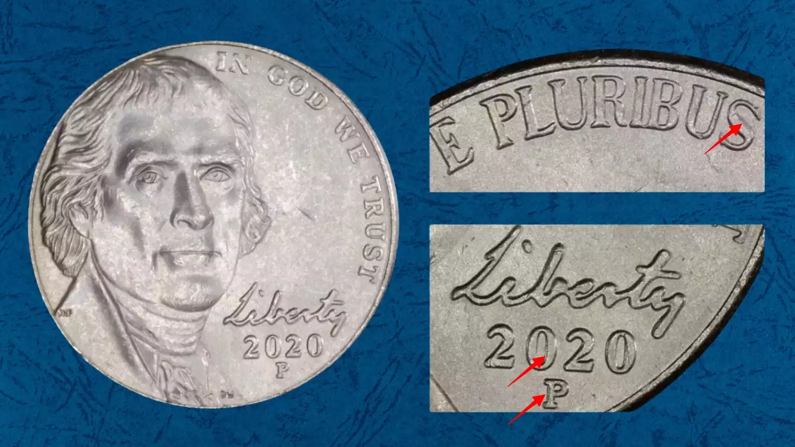 2020-P nickel Doubled Die Obverse showing doubling on LIBERTY inscription under magnification