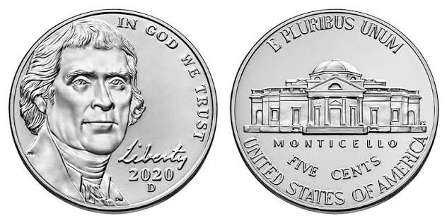 2020 Jefferson nickel grading strip showing four condition tiers from worn to gem uncirculated
